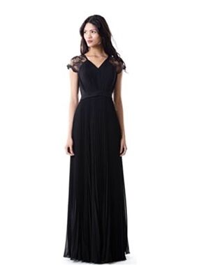 Miss Mint Women's Lace Cap Sleeves Pleated Chiffon V Neck Dress